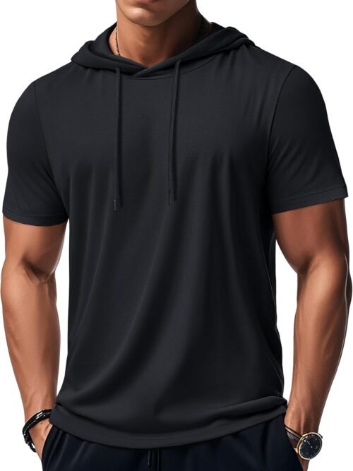 Men's Short Sleeve Hoodie Workout Gym Athletic Cotton Lightweight Hooded T Shirts