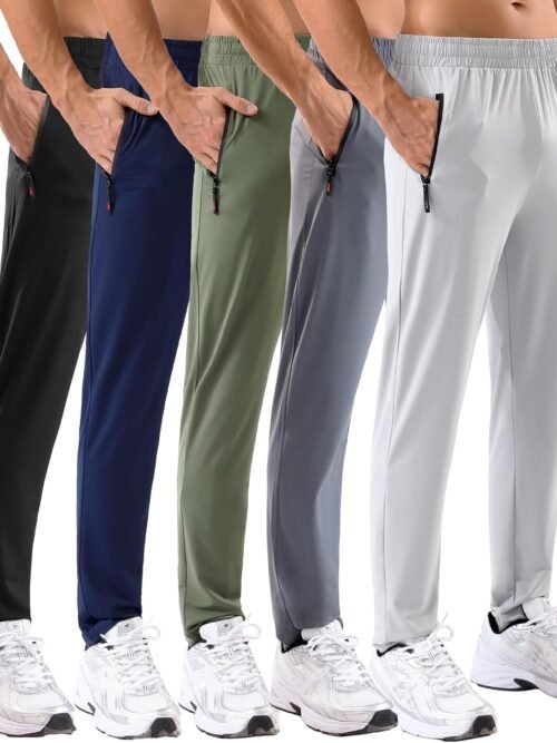 5 Pack Sweatpants with Zipper Pockets, Stretch Lightweight Athletic Track Activewear Joggers